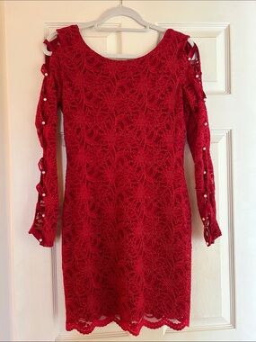 Wendye Chaitin Red Lace Cold-Shoulder Long Sleeve Dress with Pearl Details